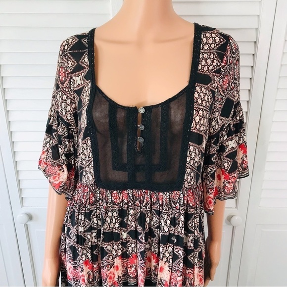 FREE PEOPLE Black Multi Bohemian Style Dress Size Medium - Picture 2 of 7